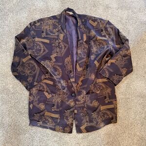 JNS Vintage Purple Gold Baroque Script Print Oversized Lightweight Blazer Jacket